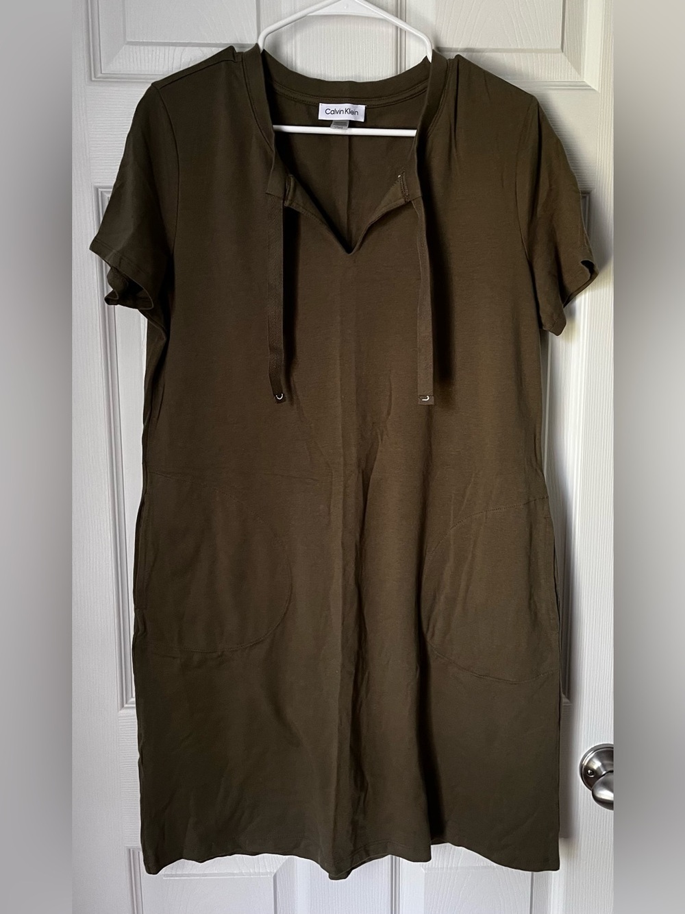 Calvin Klein Olive Green Short Sleeve Drawstring Shirt Dress